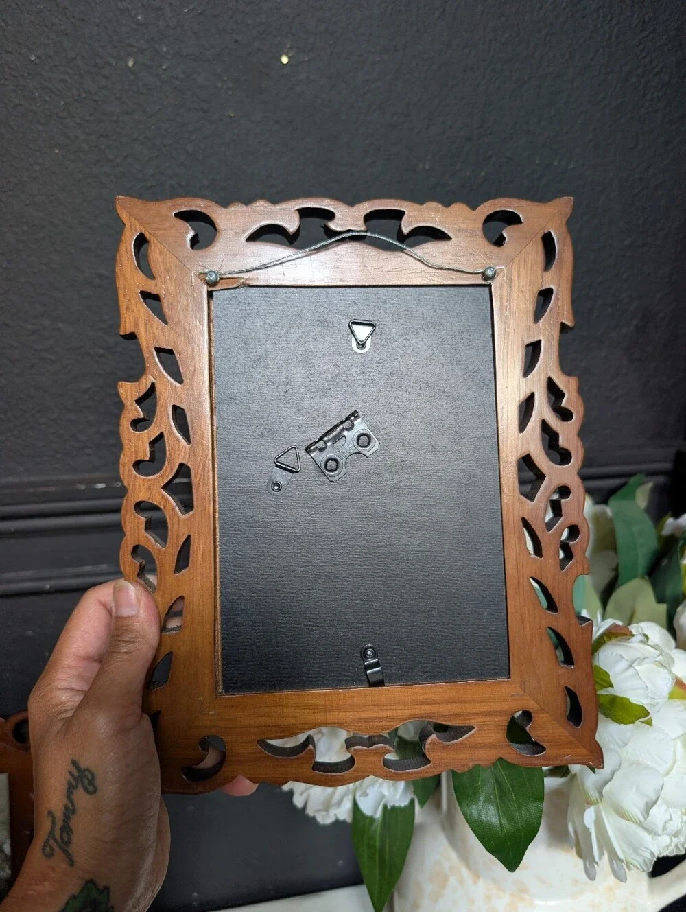 Vintage, Set of 2,  Dark Walnut Ornate Carved Wood Frames w/ moody Prints